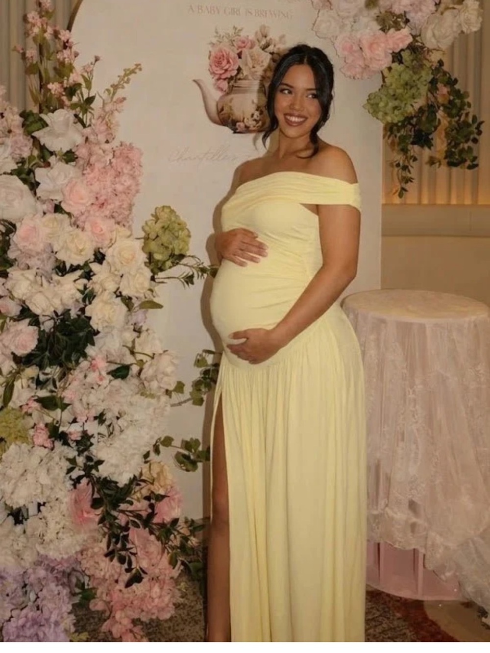 Off-Shoulder Maternity Evening Gown - Light Yellow